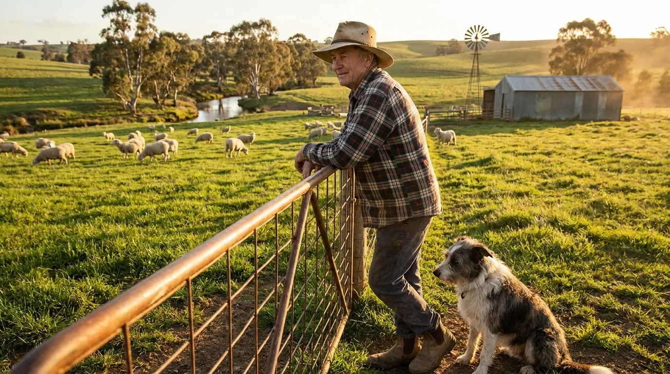 Australian farmer leaning on a farm gate looking over green paddocks with sheep