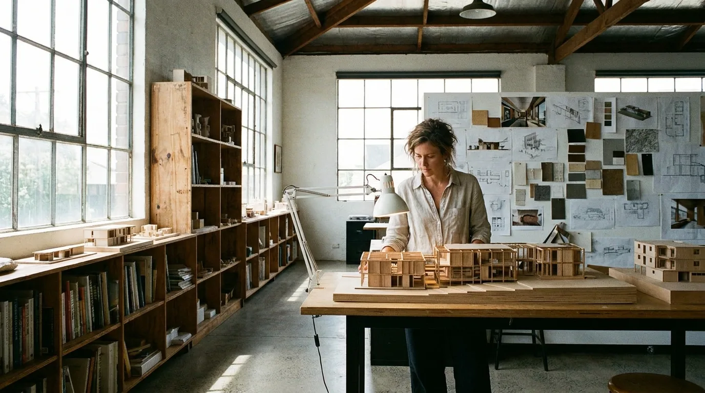 Architect in a bright studio reviewing building models on a workbench