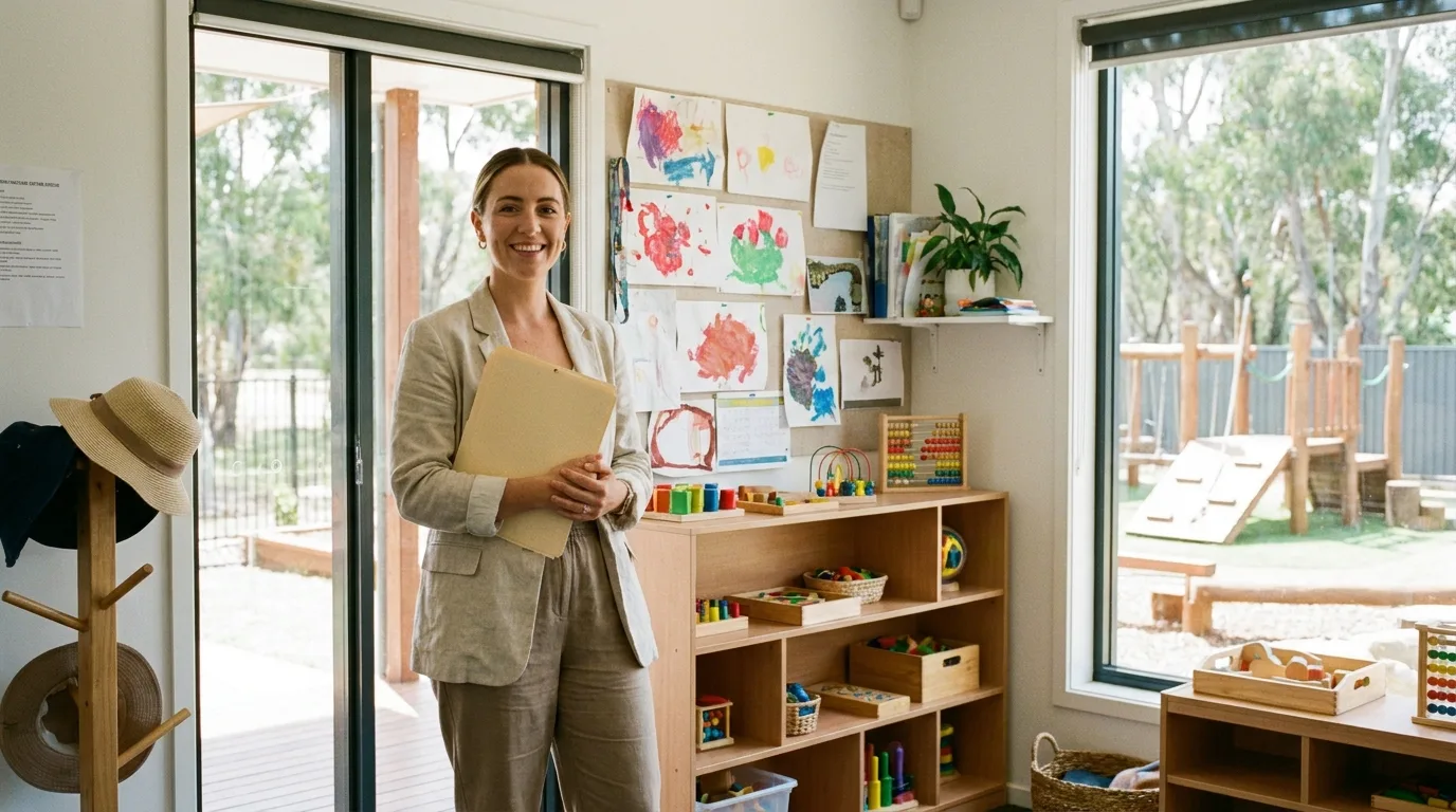 Childcare centre director in the doorway of a bright Australian childcare office