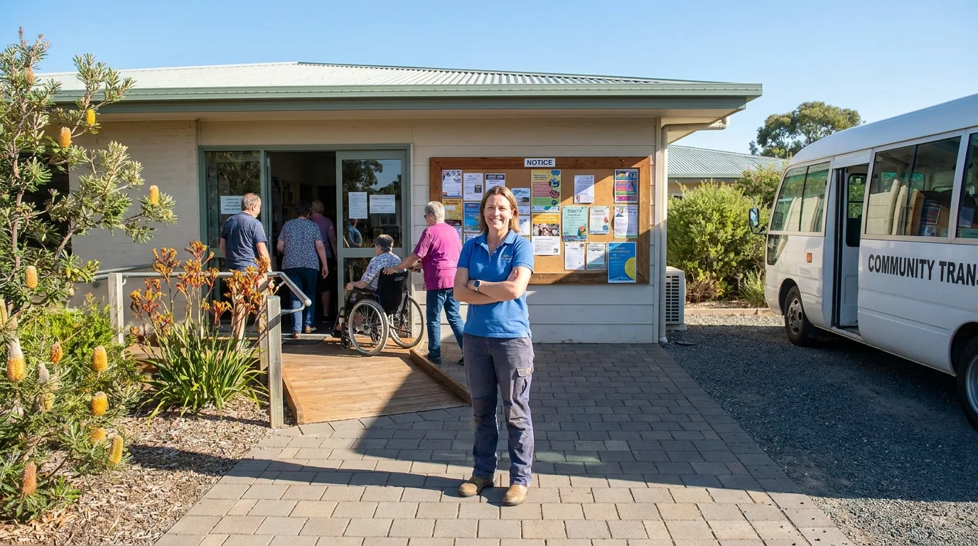 Community services team leader outside an Australian community centre