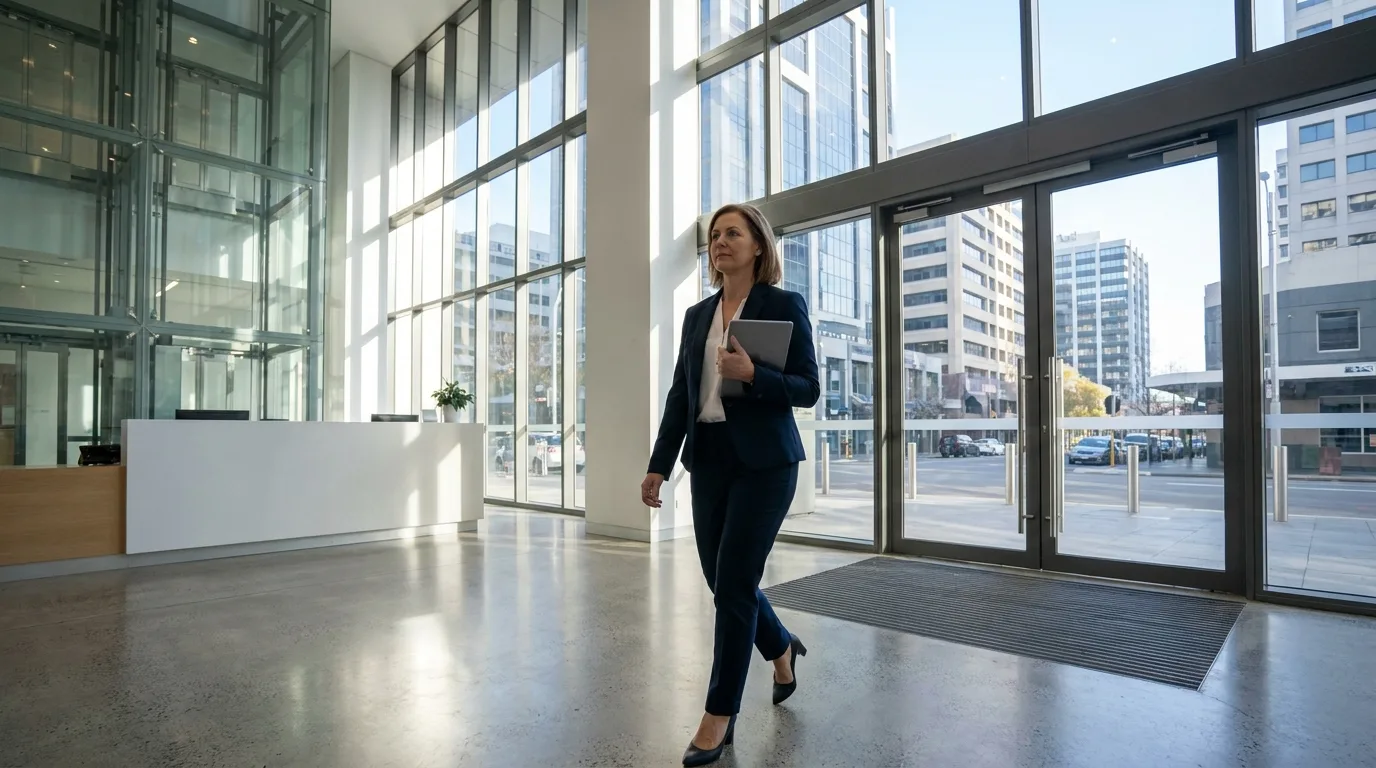 Commercial property manager walking through a modern Australian office lobby