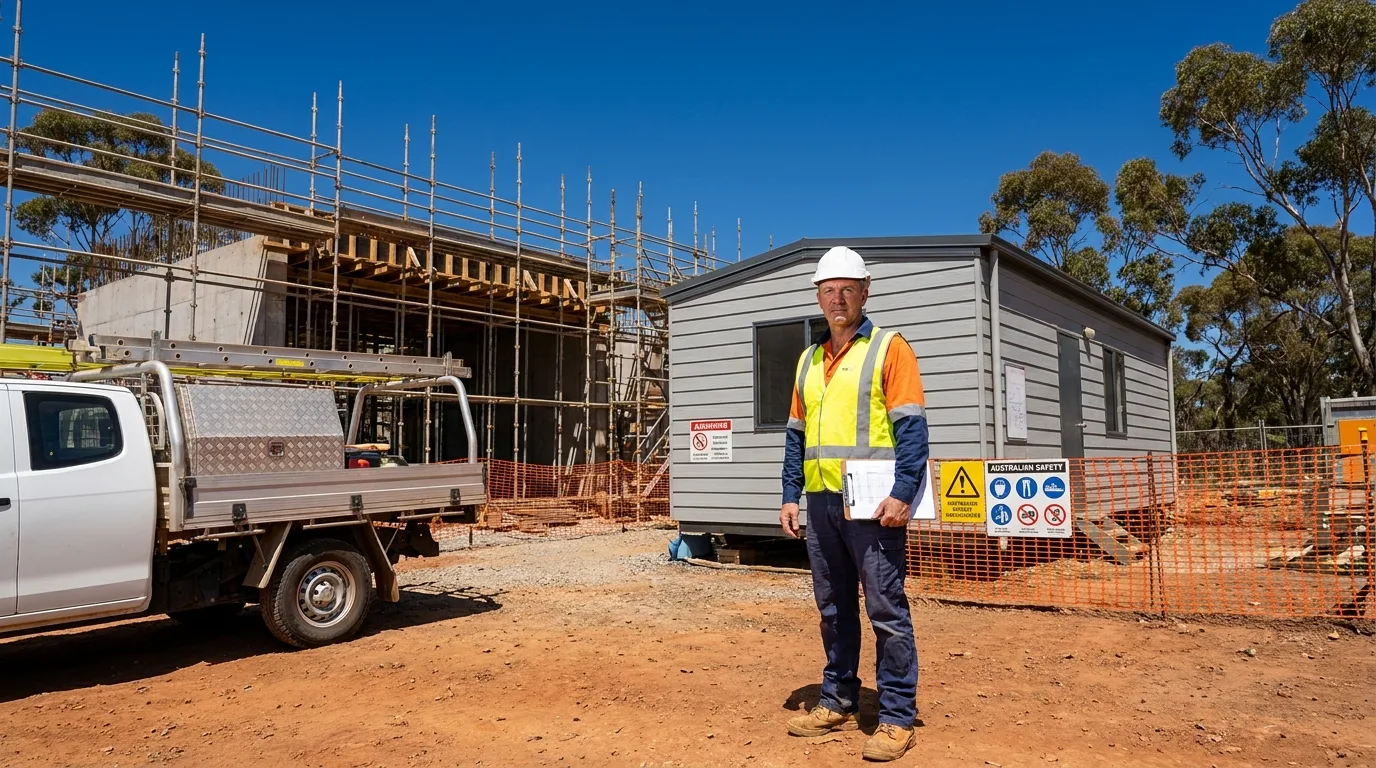 Construction site manager in hard hat and hi-vis at a portable site office on an Australian building site