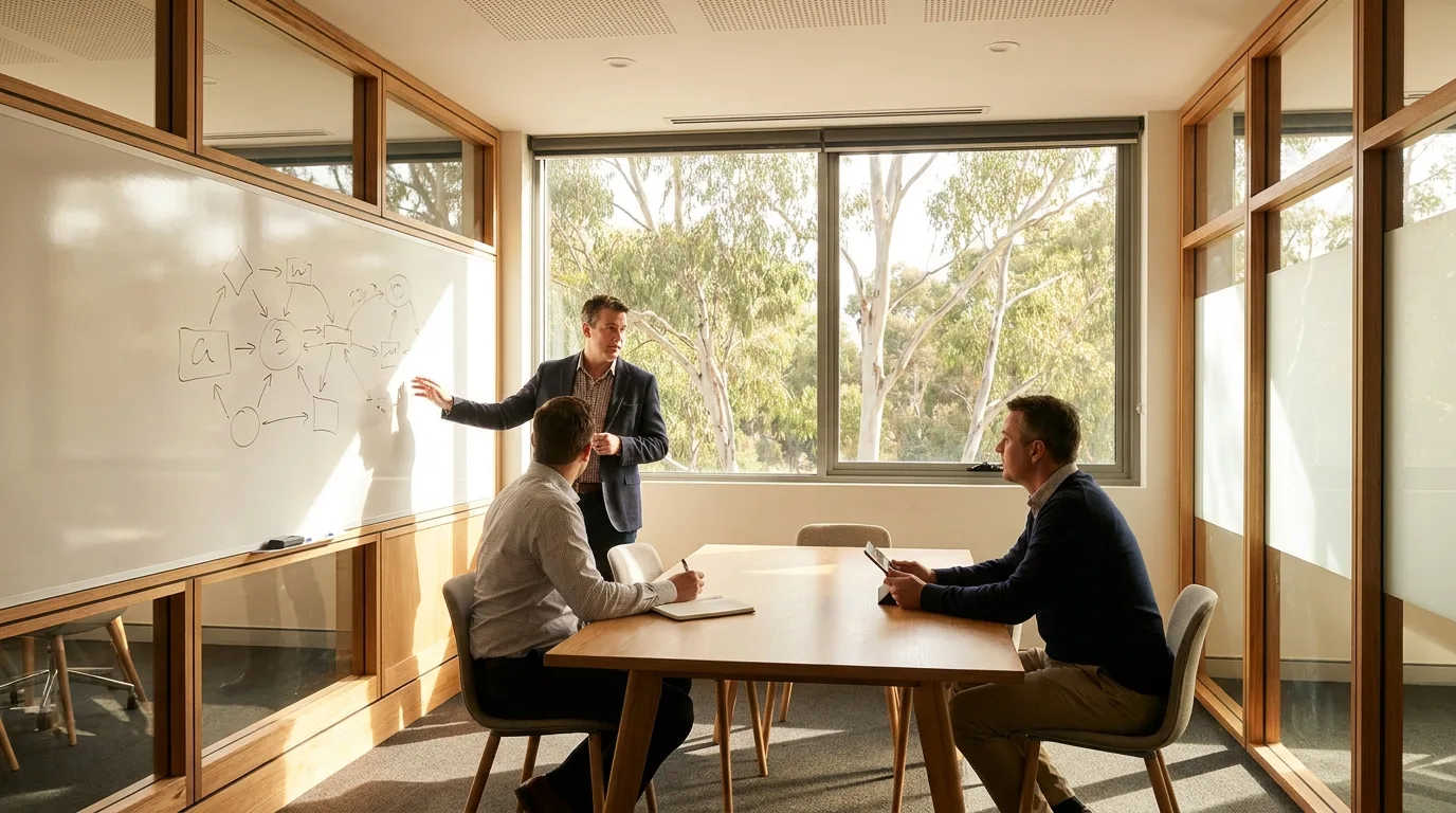Management consultant at a whiteboard with clients in a modern Australian meeting room