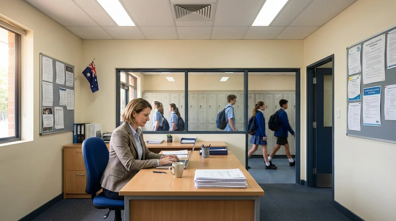 School business manager at a desk in an Australian school front office