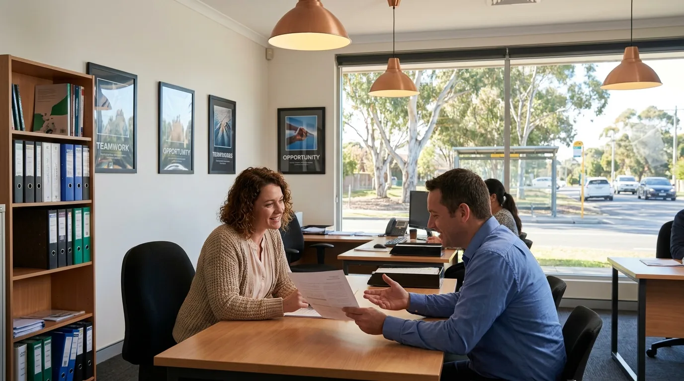 Employment services coordinator with a job seeker in a suburban Australian office