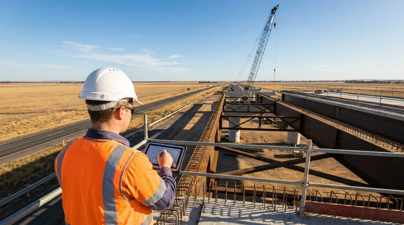 Civil engineer on an Australian infrastructure project reviewing plans on a tablet