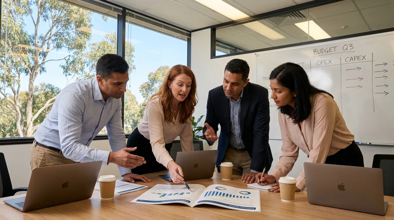 Small Australian finance team gathered around a meeting table reviewing reports