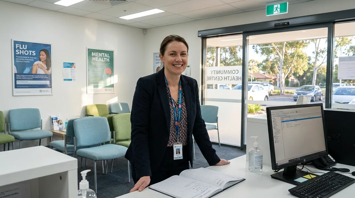 Healthcare practice manager at the reception desk of an Australian medical clinic
