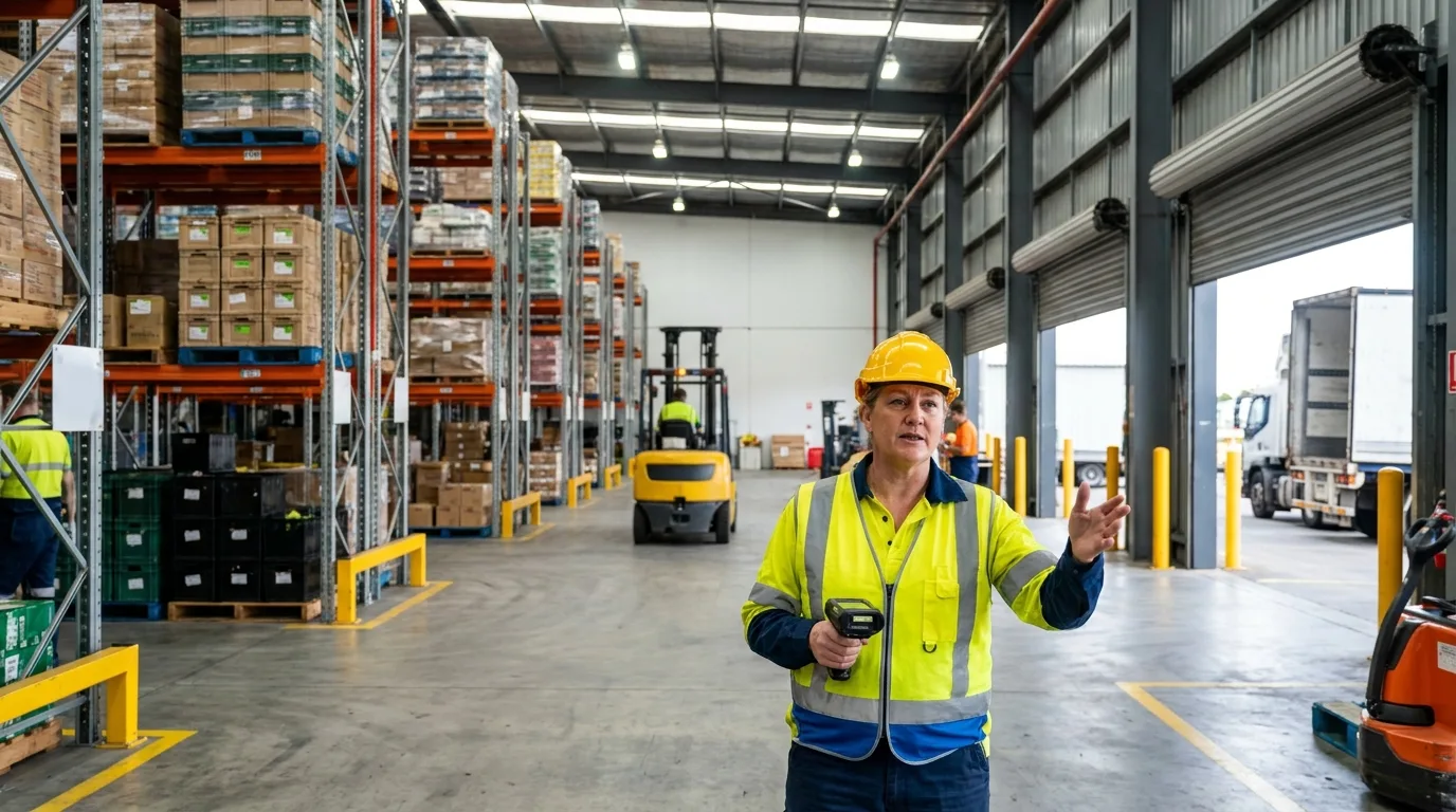 Industrial warehouse supervisor in hi-vis beside high shelving with a forklift in the background