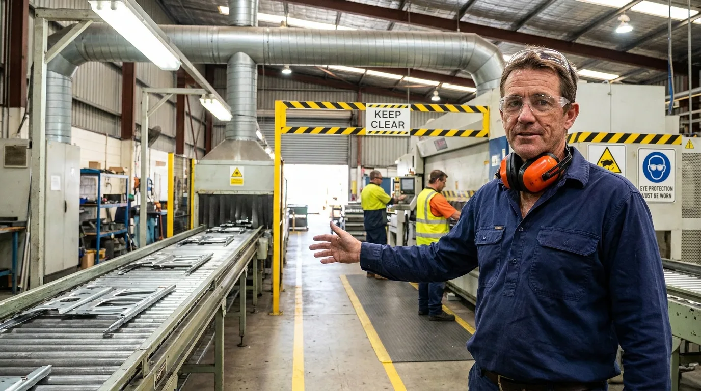 Manufacturing floor supervisor on an Australian factory floor beside a production line