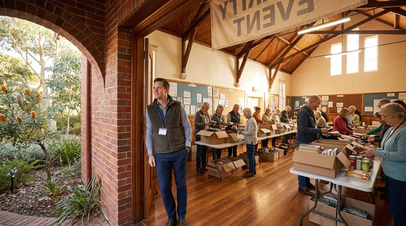 Not-for-profit operations manager in a community hall with volunteers sorting donations