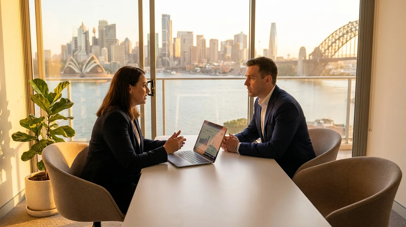 Professional services consultant in a glass-walled meeting room with a client