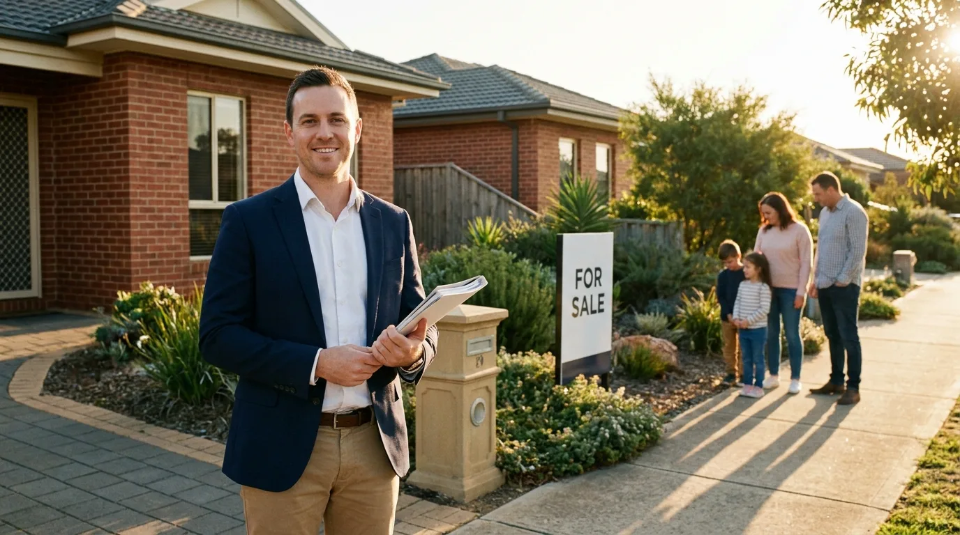 Australian real estate agent outside a suburban home with potential buyers