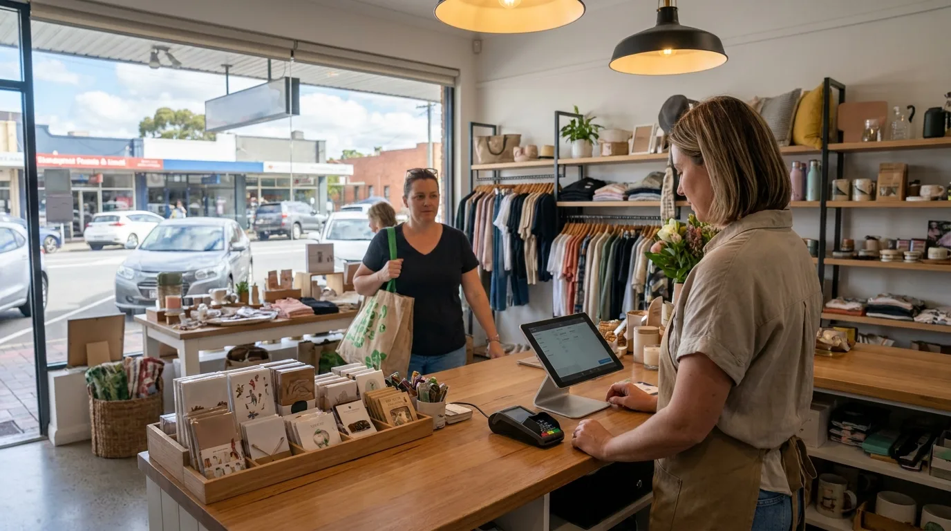 Australian retail store manager behind a point-of-sale counter