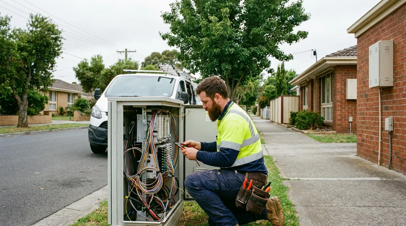 Telecom technician beside an open street-level cabinet in an Australian suburb