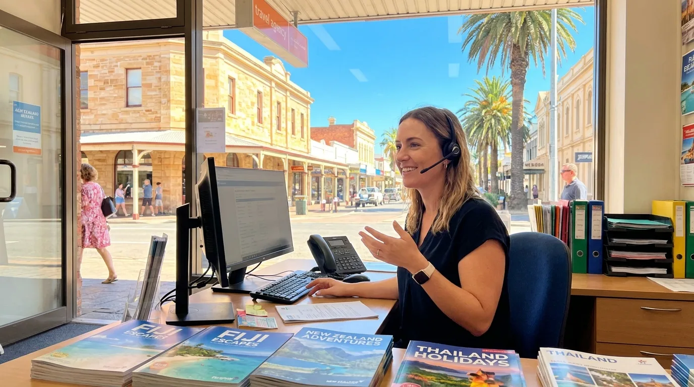 Australian travel agency manager at a bright shopfront desk on the phone
