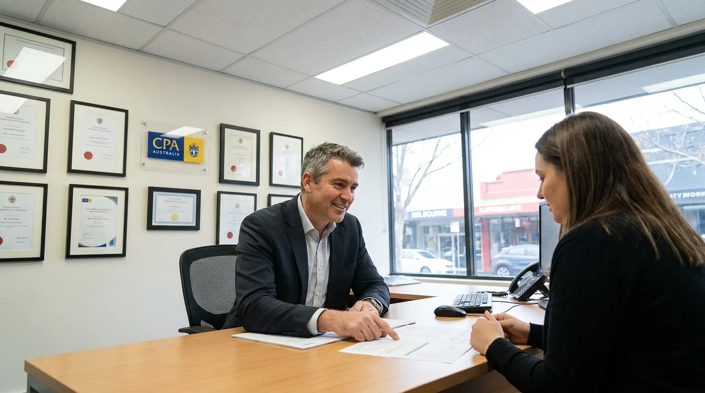 Australian accountant advising a client in a professional office