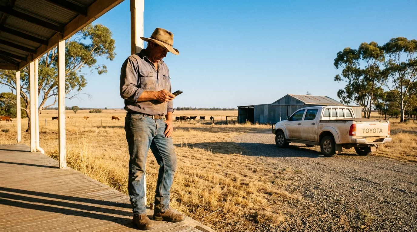 Australian farmer on a farmhouse verandah checking their phone with paddocks in the background