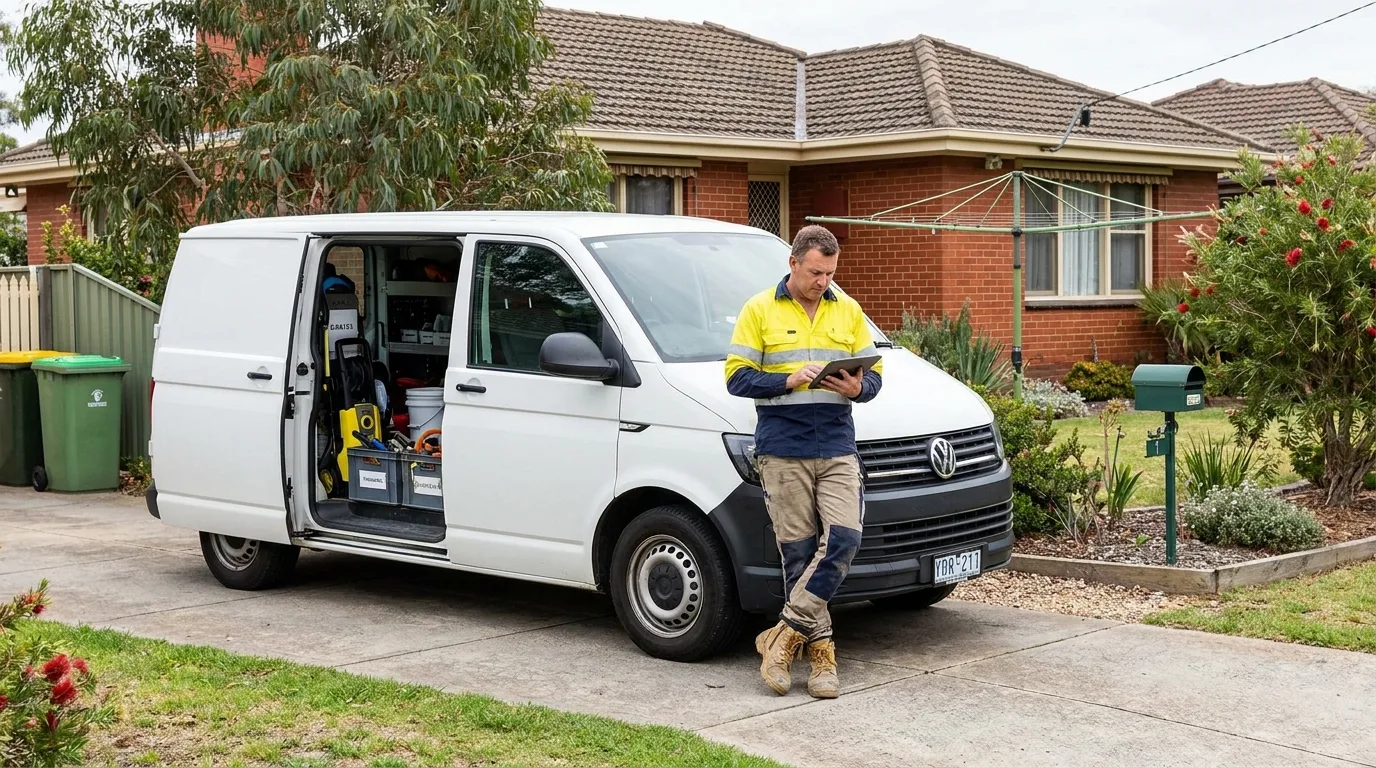 Australian tradesperson beside their services van in a suburban driveway reviewing a tablet