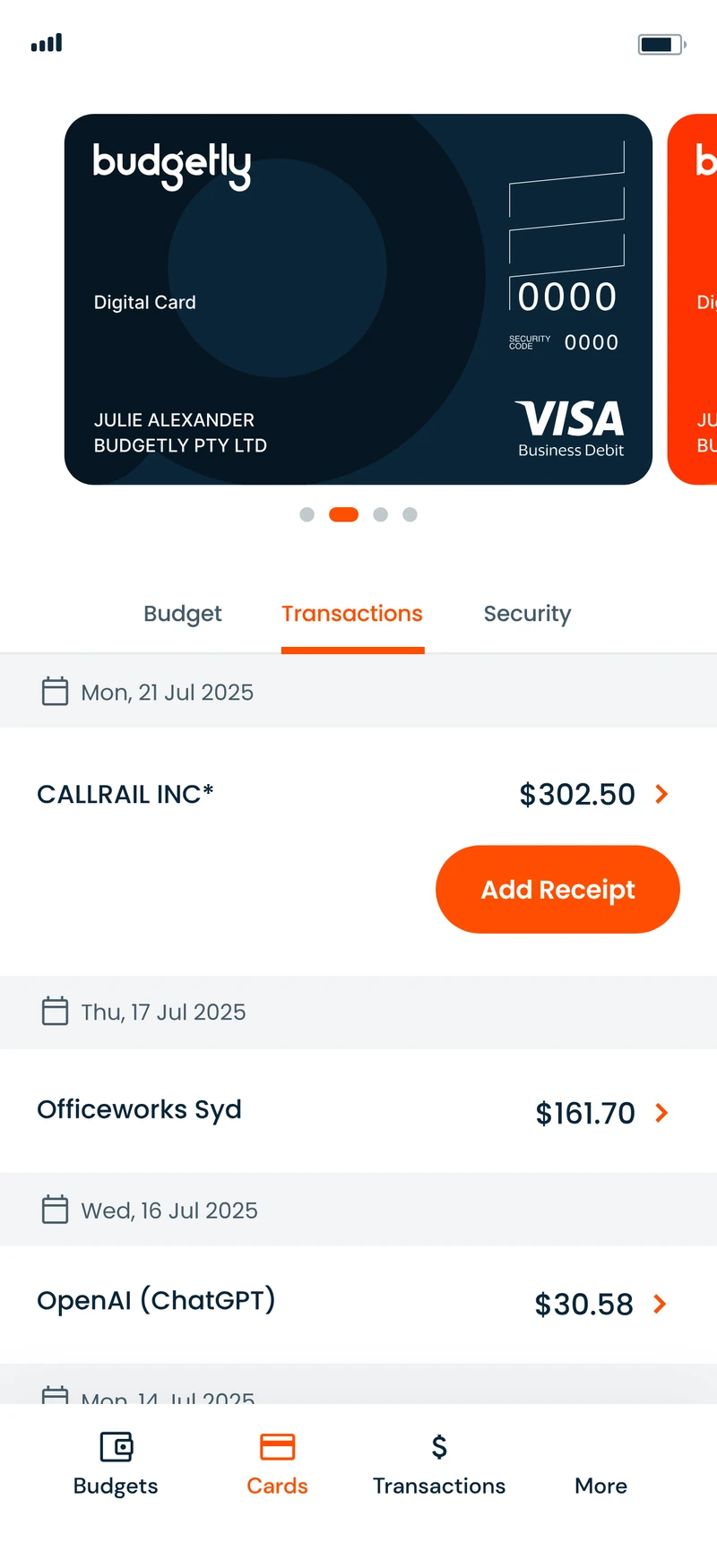 Budgetly app showing a digital Visa business debit card's transactions, with an Add Receipt button on a $302.50 CallRail purchase
