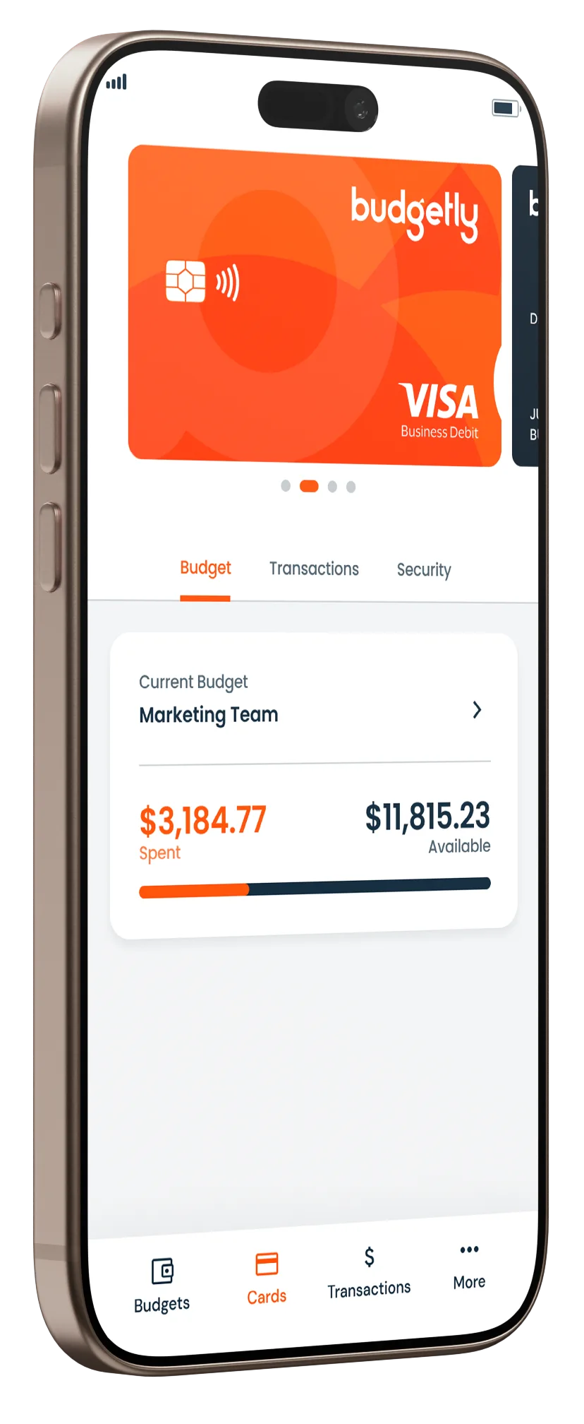 Budgetly mobile app showing a Marketing Team budget on a Visa business debit card, with $3,184.77 spent and $11,815.23 available