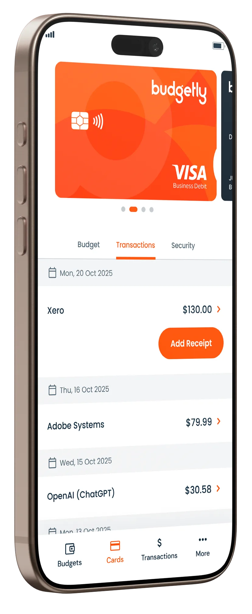 Budgetly mobile app showing a Visa business debit card and its recent transactions, with an Add Receipt button on the latest purchase